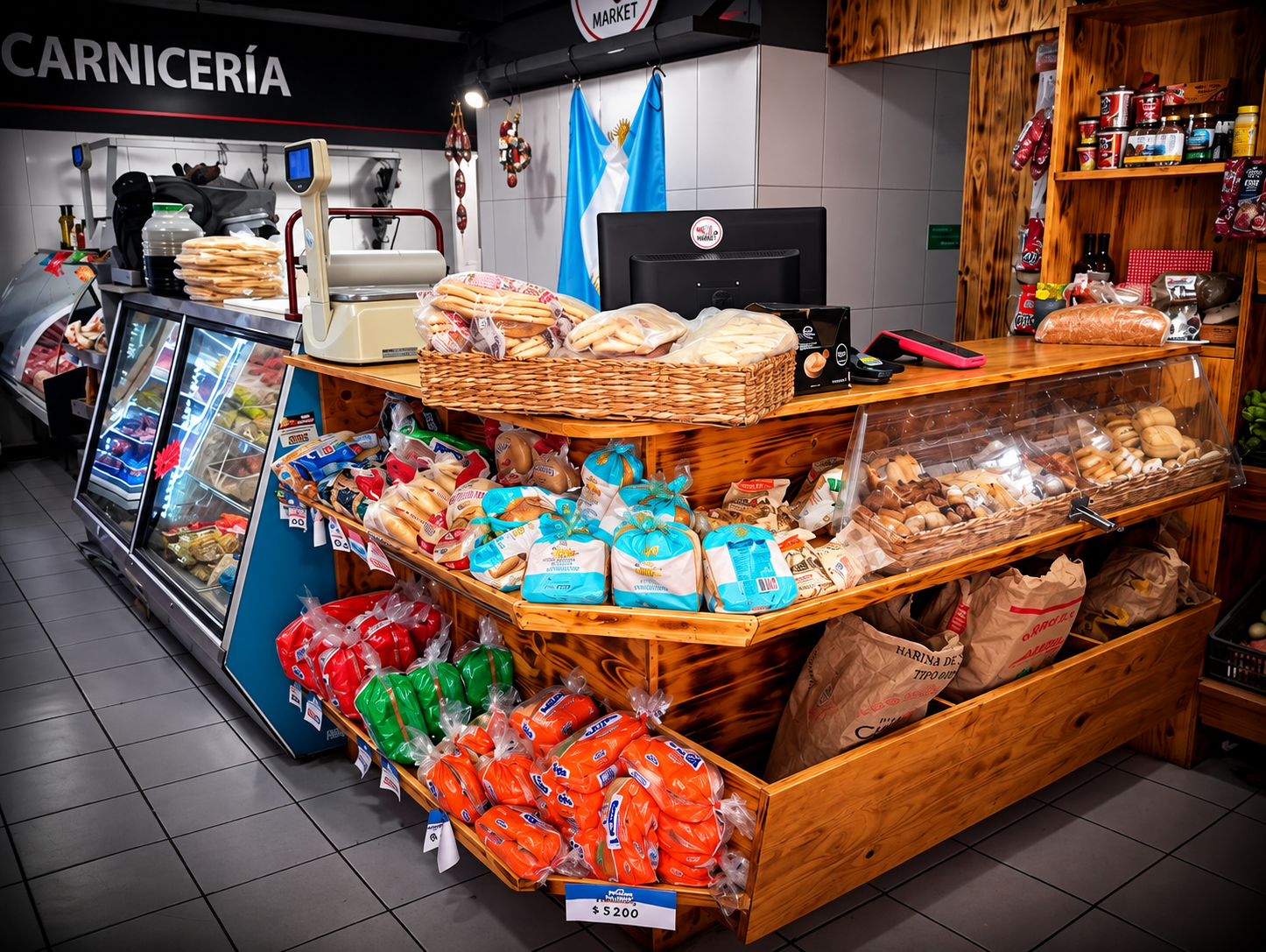 Mostrador de panadería con pan y facturas