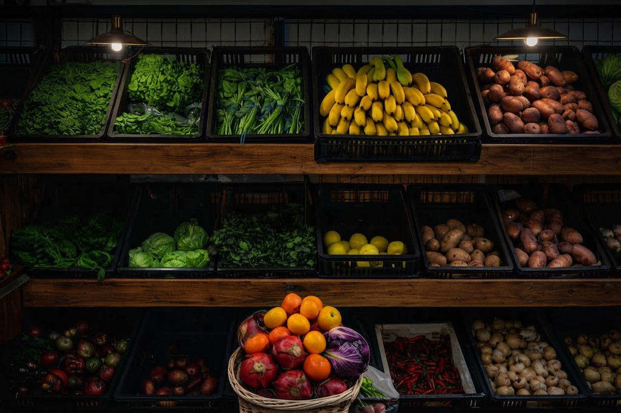 Verdura y fruta frescas en estanterías